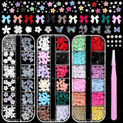 3 Boxes Bow Flower Nail Charms, 3D Color Flowers Nail Bows Charms for Nails Art, Polar Butterfly Bowknt Bear Nail Art Charms, White Rose Flower Charms for Nail Art Jewels Supplies DIY Craft