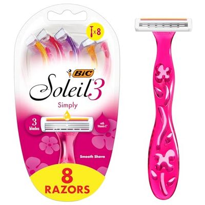 BIC Soleil Simply Smooth Womens Disposable Razors, 3 Blades With Moisture Strip For a Silky Smooth Shave, 8 Piece Razor Set