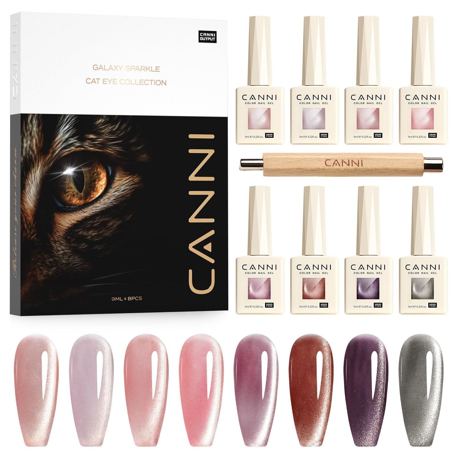 CANNI 8 Pcs 9 ML Cat Eye Gel Nail Polish Set, Jelly Pink Red Purple Glitter Holographic Cat Eye Gel Polish Kit with Magnet Shimmer Colors Soak Off Led Nail Art Gel Manicure Salon DIY Gifts