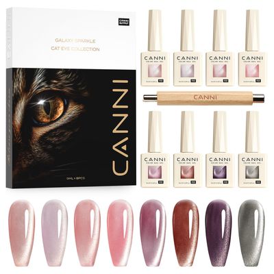 CANNI 8 Pcs 9 ML Cat Eye Gel Nail Polish Set, Jelly Pink Red Purple Glitter Holographic Cat Eye Gel Polish Kit with Magnet Shimmer Colors Soak Off Led Nail Art Gel Manicure Salon DIY Gifts