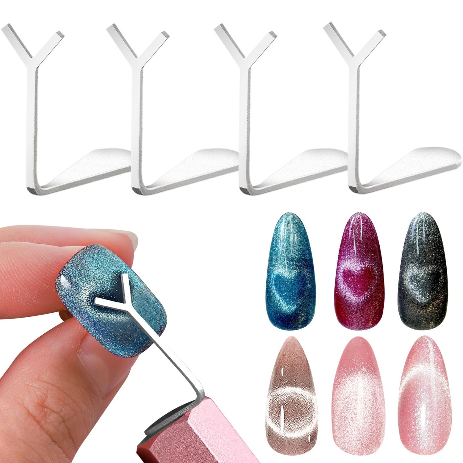C12rtive Heart Cat Eye Nail Magnet Tool,4 Pcs Professional Stainless Steel Heart Cat Eye Nail Magnet for Nails for Cat Eye Gel Nail Polish,Suitable for Personal DIY, Nail Studio or Nail Salon