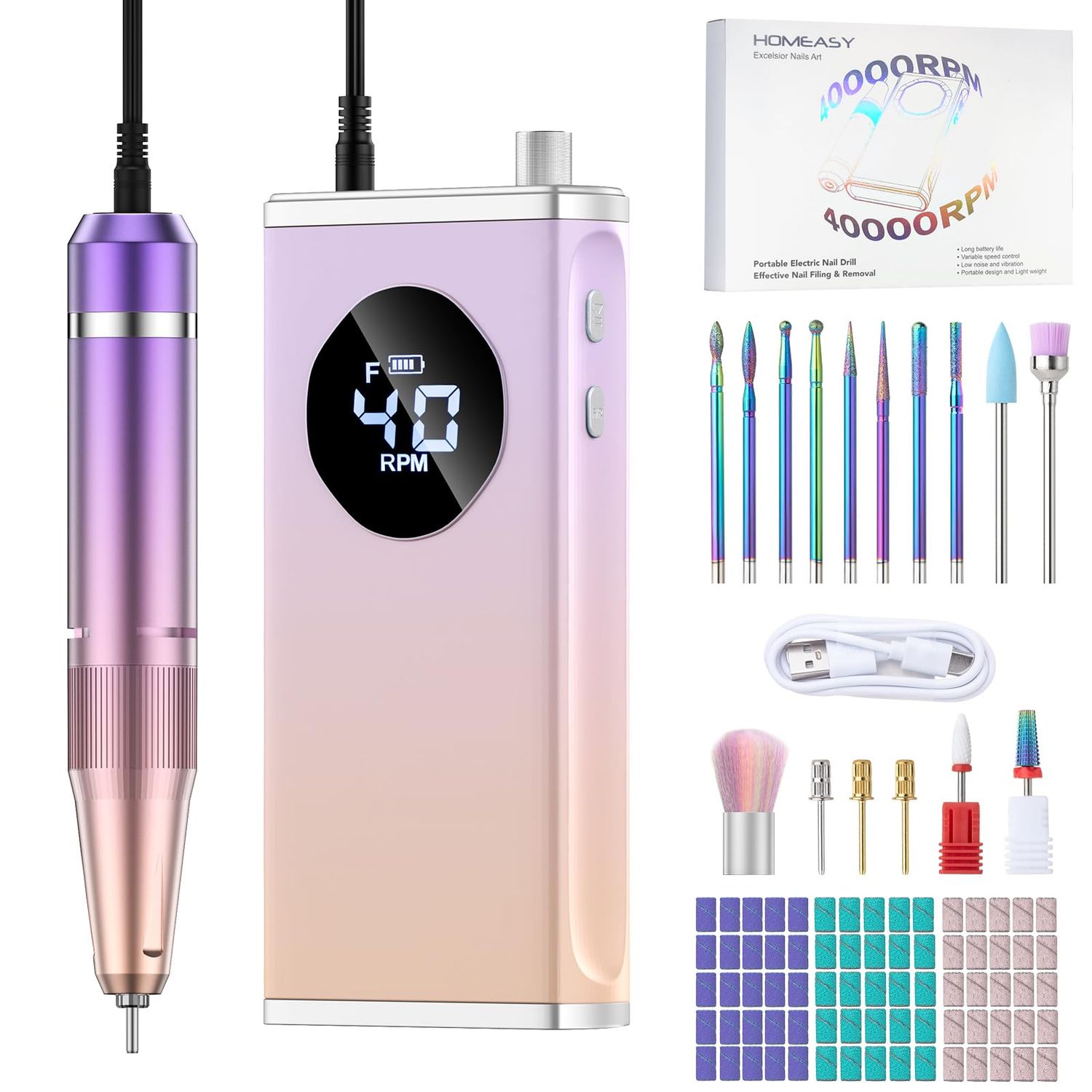 HOMEASY Electric Nail Drill, 40000RPM Professional E-Filer Rechargeable with 15 Drill Bits, Portable Nail File Electric Nail Filer for Acrylic Nails Gel Polishing Removing for Salon Home (Purple)