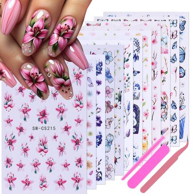 Flower Stickers for Nail Art Decals - 12 Sheets Spring Butterfly Nail Stickers with Tweezers 3D Floral Leaves Plant Nail Art Designs DIY Self Adhesive Daisy Blossom Nail Supplies Decorations