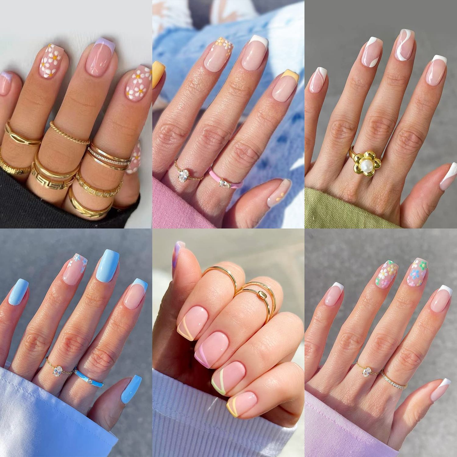 6 Packs (144 Pcs) Press on Nails Short Design, Misssix Fake Nails, Glue on Nails Set with Adhesive Tabs Nail File for Women