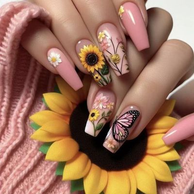 Sunflower Press on Nails Medium Length Shape Fake Nails with Butterfly Daisy Design Long Coffin False Nails French Nails Pink Press ons Butterfly Flower Stick on Nails Spring Nail Decoration for Women