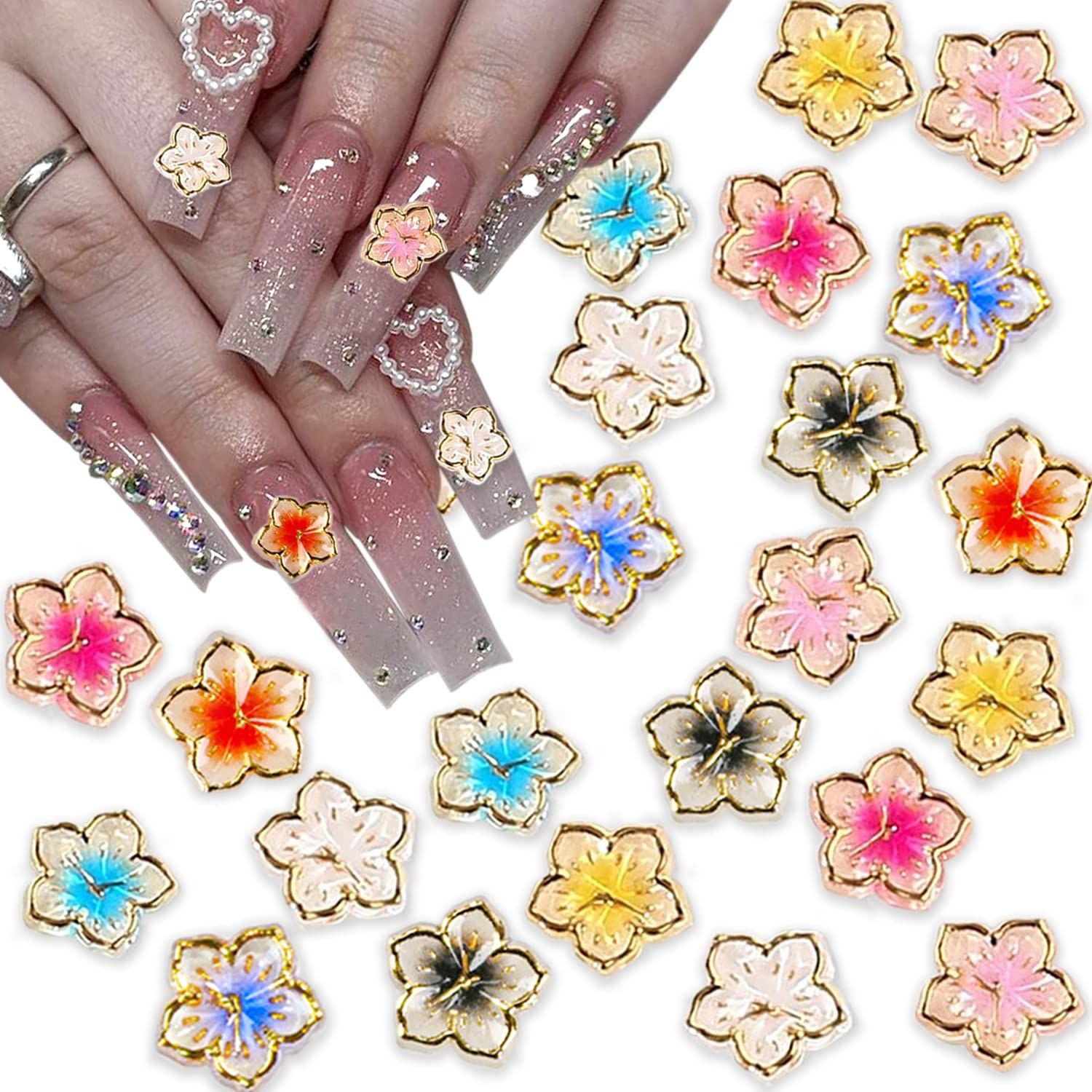 80Pcs Flower Nail Charms Colorful Flower Nail Rhinestone 3D Gradient Smudge Cherry Blossoms Resin Nails Jewels Gems Spring Nail Art Supplies for Women Acrylic Manicure Kits DIY