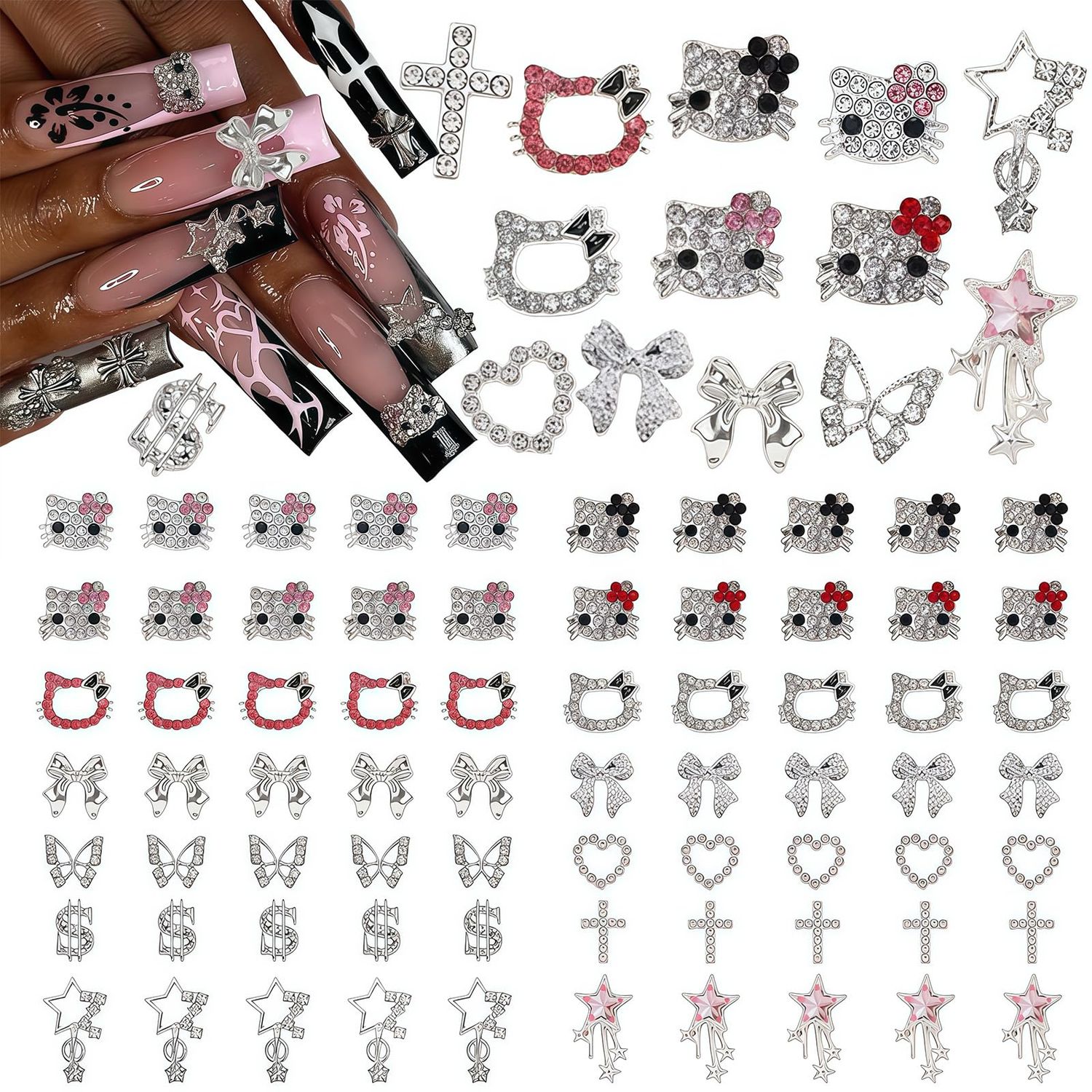 Pizadix 100 pcs 3D Sliver Nail Charms Y2K Cute Nail Charms Set with Kity, Butterfly, Bow, Star, Heart,Cross for Nail Art Decoration Y2K