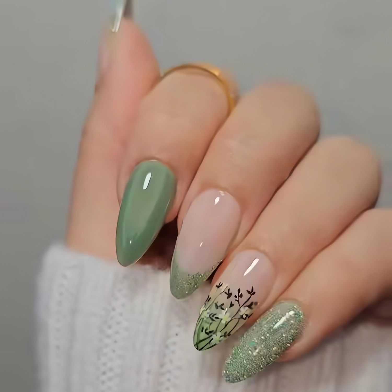 Green Press On Nails - Medium Almond Shape with Butterfly &amp; Flower Designs, French Tip, Glossy Pink &amp; White Ombre, False Nails for Women &amp; Girls