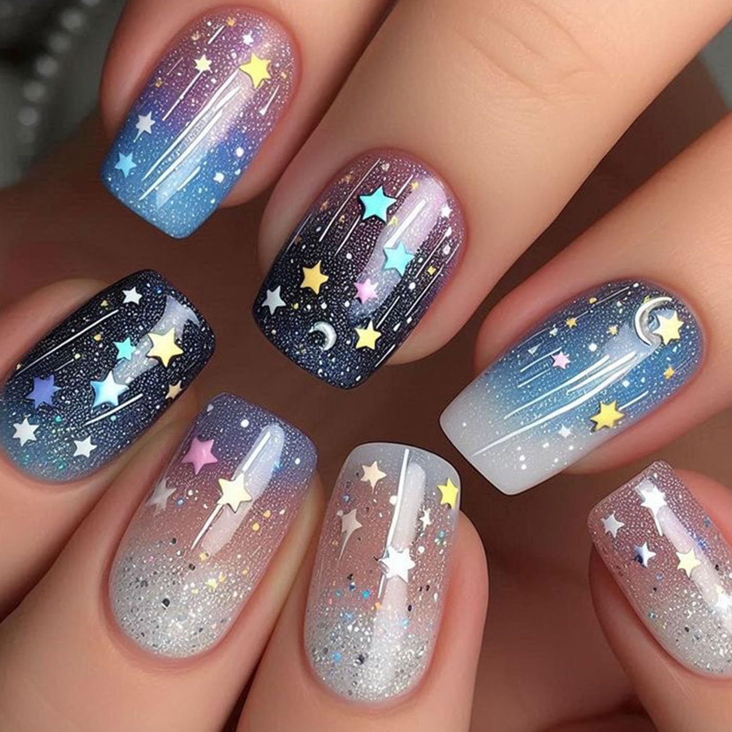 Colorful Press on Nails Square Fake Nails with Starry Sky Stars Moon Design Glitter False Nails Short Length Manicure Art Acrylic Nails Full Cover Glossy Stick on Nails for Women 24Pcs