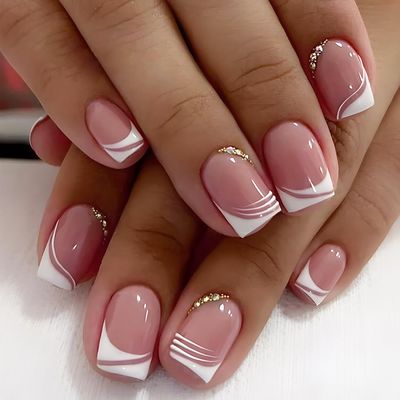 24 Pcs Press on Nails Medium, Sunjasmine Fake Nails with Designs, Acrylic Nails False Nails with Nail Glue for Women (White French with Glitter)