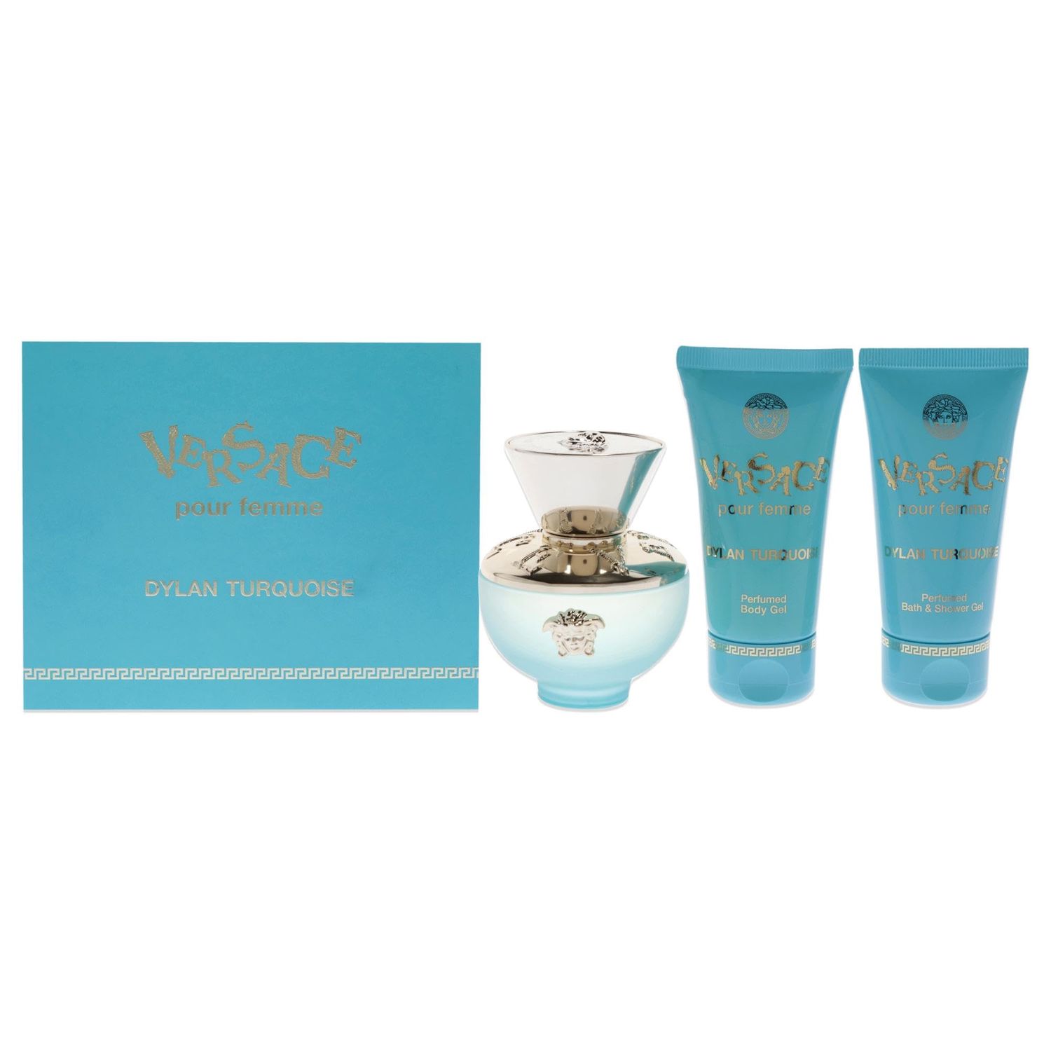 Versace Dylan Turquoise 1.7oz EDT Spray, 1.7oz-Perfumed Body Gel, 1.7oz Bath and Shower Gel Women 3 Pc Gift Set