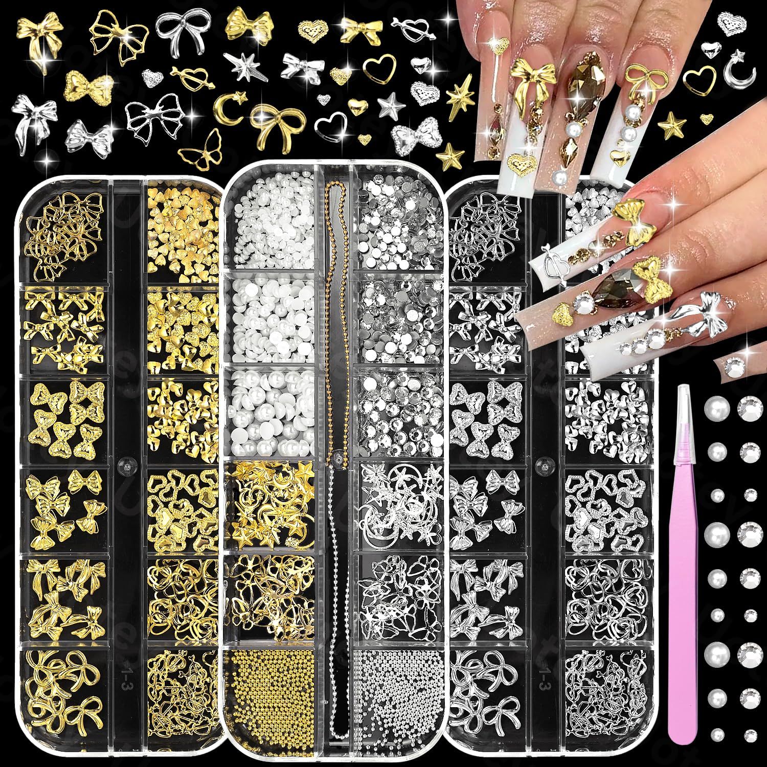 Uotey 3 Boxes Nail Bows and Rhinestones, Gold Silver Bows Heart Star Nail Charms, Gold Bows Nail Studs Nail Gems Rhinestones Flatback Pearls for Acrylic Nails Art DIY Accessories