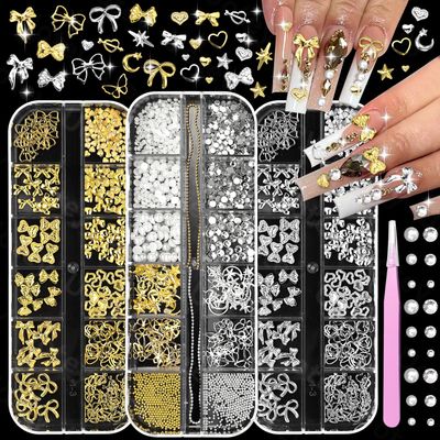 Uotey 3 Boxes Nail Bows and Rhinestones, Gold Silver Bows Heart Star Nail Charms, Gold Bows Nail Studs Nail Gems Rhinestones Flatback Pearls for Acrylic Nails Art DIY Accessories