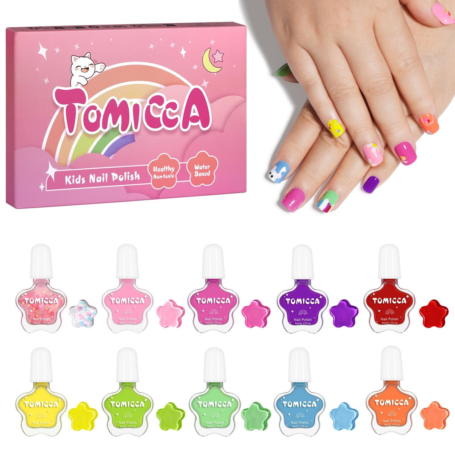 TOMICCA Kids Nail Polish - Quick Dry Non-Toxic Nail Polish Set 10 Colors, Peel Off Water Based Rainbow Nail Polish, Kids Natural Safe Nail Polish for Toddler Teen DIY Nail Art