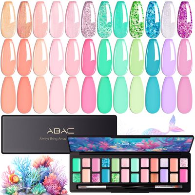 ABAC 24 Color Hema-Free Glitter Solid Gel Polish Kit - Mermaid Ocean &amp; Coral Reef Shades w/Pro Dual Brush Summer Clump-Free Shimmer for Beach Nails,Pool Party,Spring/Summer Soak Off Gel