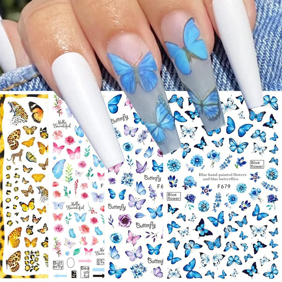 8 Sheets Blue Butterfly Nail Art Stickers Decals JMEOWIO Self Adhesive Pegatinas Uas Blue Black Gold Butterfly Spring Summer Design Manicure Tips Nail Decoration for Women Girls