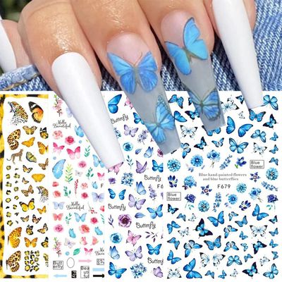 8 Sheets Blue Butterfly Nail Art Stickers Decals JMEOWIO Self Adhesive Pegatinas Uas Blue Black Gold Butterfly Spring Summer Design Manicure Tips Nail Decoration for Women Girls
