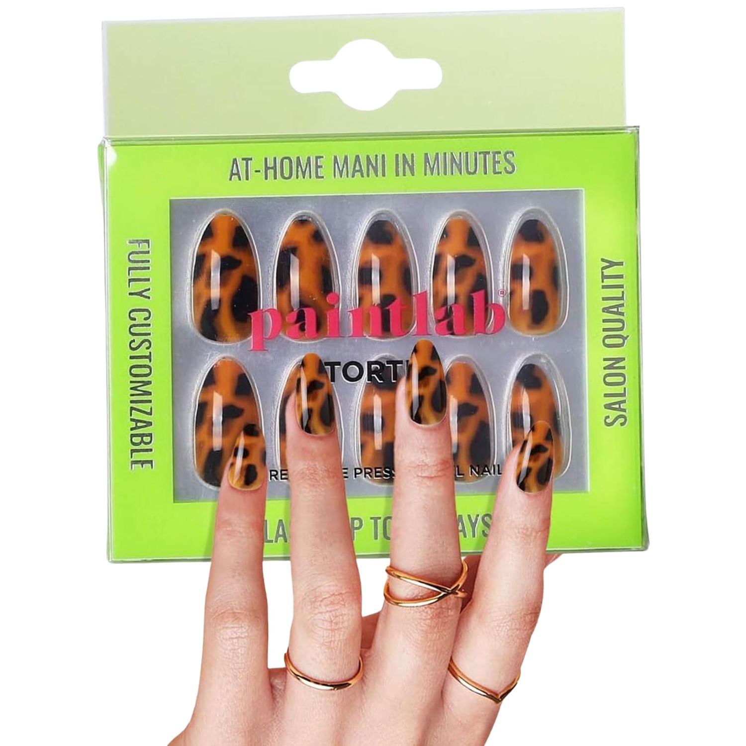 PaintLab Press-On Nails Manicure Kit, Tortie - Almond, 24-Piece Set, Long-Lasting Fake Nails with Glue, File, Prep Pad &amp; Cuticle Stick