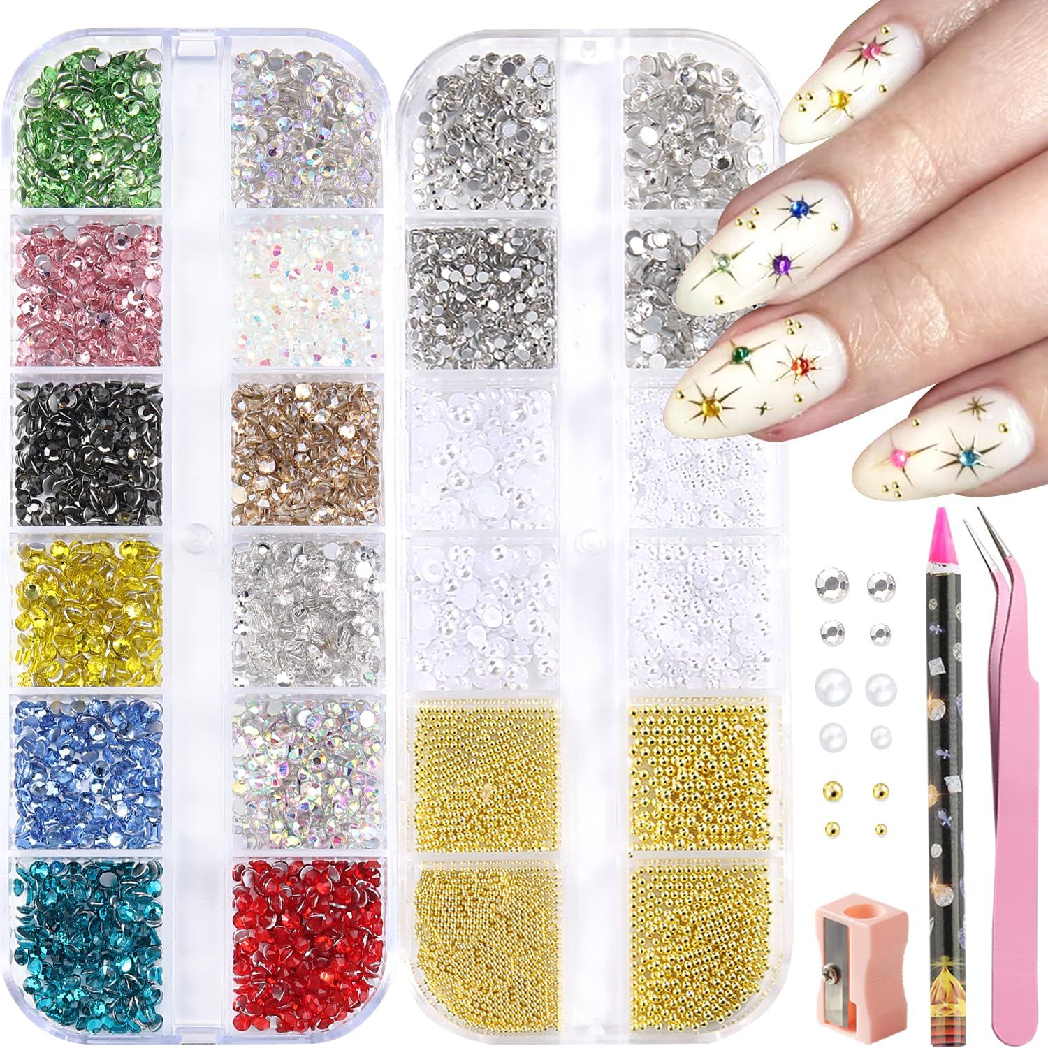 Furtherpretty Nail Gems And Rhinestones Kit, White Nail Pearls Flatback Rhinestones Bedazzling Diamond Rainbow Crystal Jewels,Gold Beads For Nails, Nail Art Accessories Decoration With Picker Tools