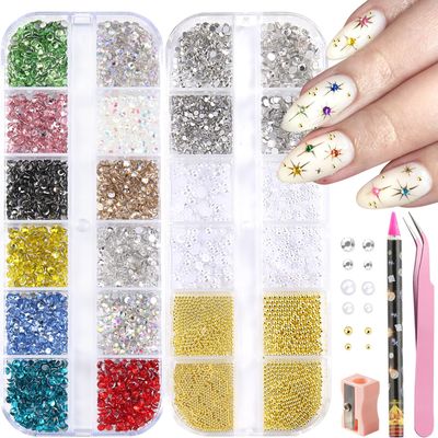 Furtherpretty Nail Gems And Rhinestones Kit, White Nail Pearls Flatback Rhinestones Bedazzling Diamond Rainbow Crystal Jewels,Gold Beads For Nails, Nail Art Accessories Decoration With Picker Tools