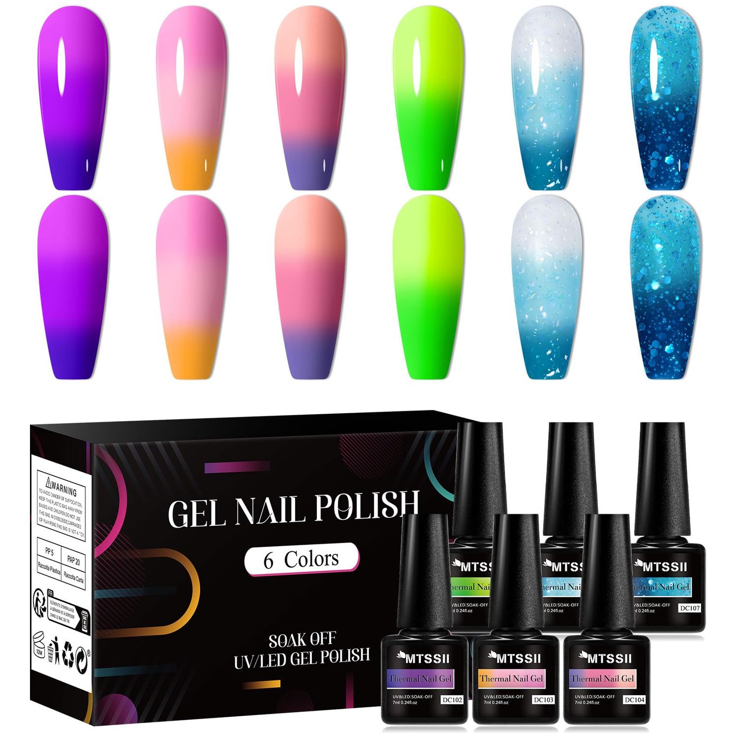MTSSII Violet Color Changing Gel Nail Polish Set: 6 Colors Pink Green Blue, Temperature Color Change Gel Nail Polish Kit