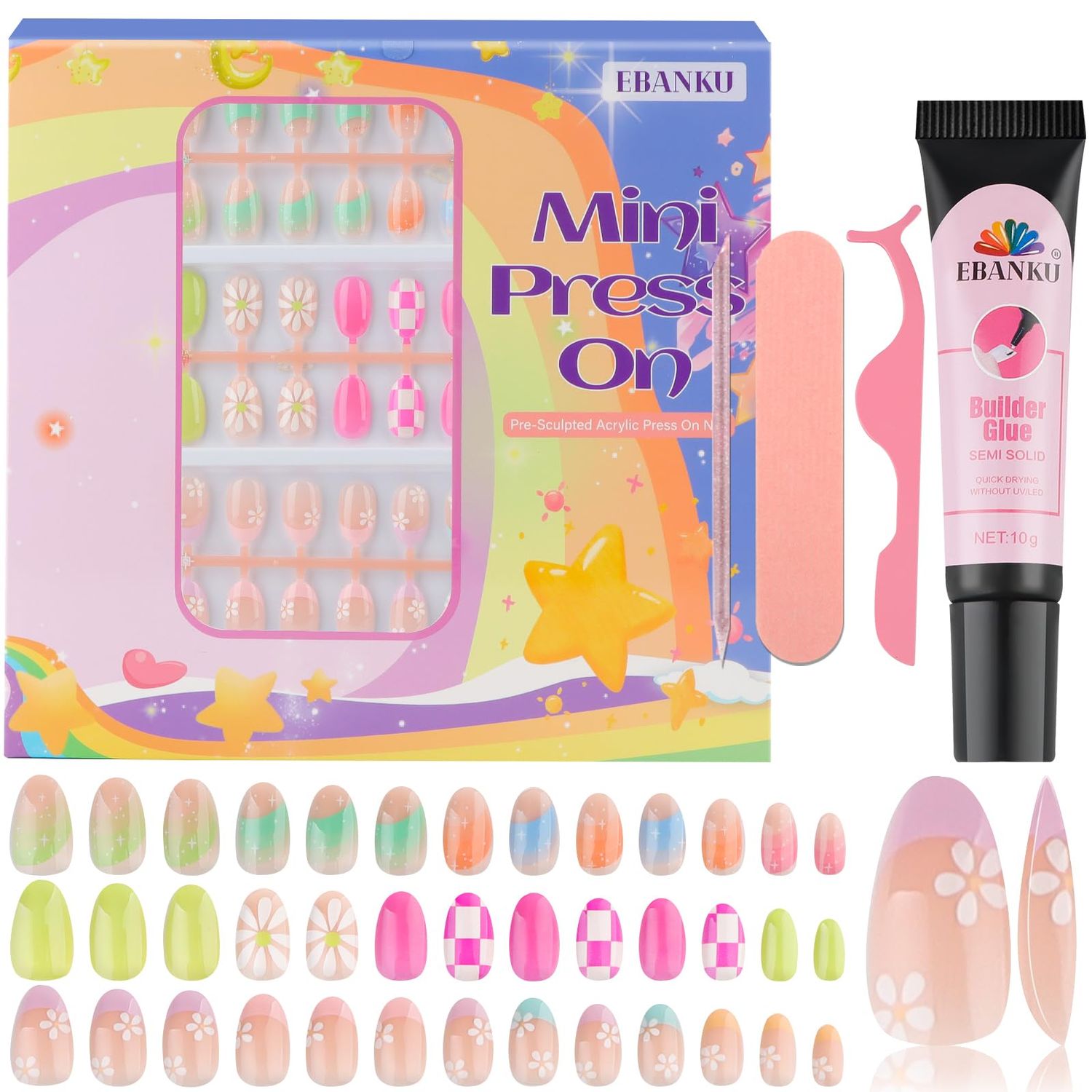 78 Pieces Press on Nails for Kids, EBANKU 3 Pack Kid Fake Nail Kit Old Colorful Flower Press on Nails for Girls 8-12 Years with Jelly Nail Adhesives &amp; Nail Builder Glue