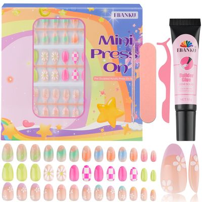 78 Pieces Press on Nails for Kids, EBANKU 3 Pack Kid Fake Nail Kit Old Colorful Flower Press on Nails for Girls 8-12 Years with Jelly Nail Adhesives &amp; Nail Builder Glue