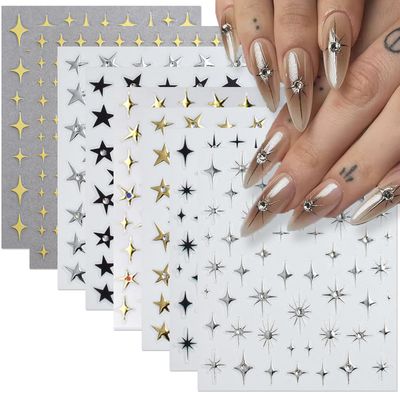 JFIYUOMCI 8 Sheets Star Nail Stickers for Nail Art, 3D Nail Gem Sticker Rhinestones, Gold Silver White Black Star Design, Self-Adhesive Nails Stars Decals for Manicure Tips Decoration Supplies