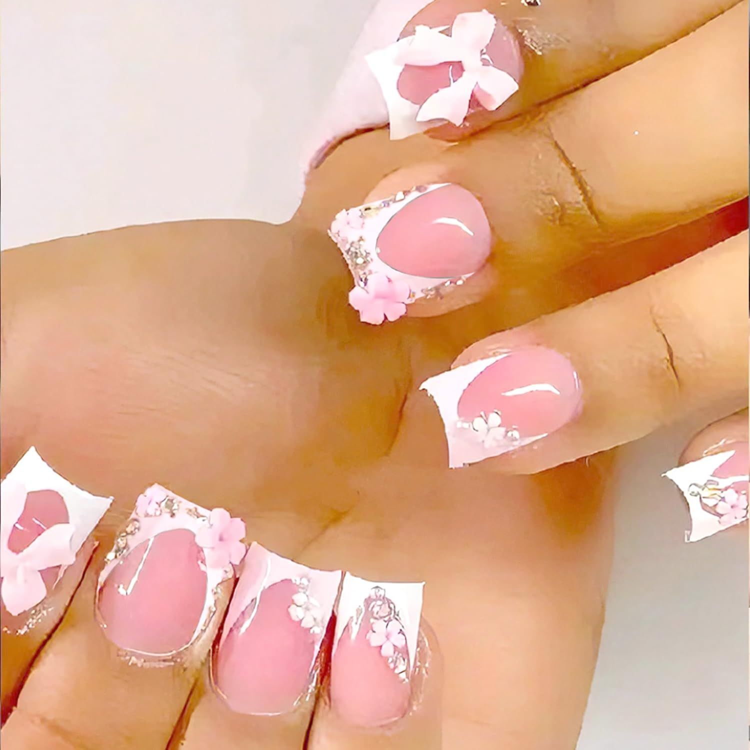 Pink Press on Nails Short Square Fake Nails White French Tip False Nails with Flower Charms Rhinestones Full Cover Glue on Nails Cute Pink Design Bow Stick on Nails for Women Salon Acrylic Nails 24Pcs