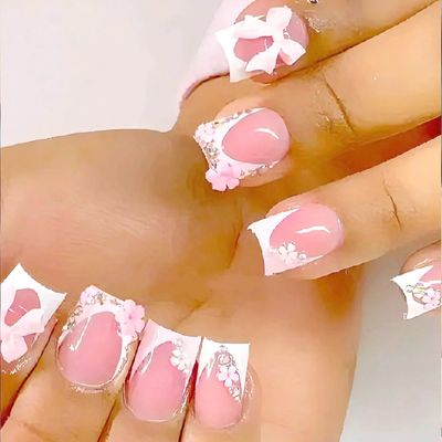 Pink Press on Nails Short Square Fake Nails White French Tip False Nails with Flower Charms Rhinestones Full Cover Glue on Nails Cute Pink Design Bow Stick on Nails for Women Salon Acrylic Nails 24Pcs