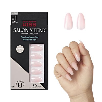 KISS Salon X-tend, Press-On Nails, Nail glue included, Gloria, Light Beige, Medium Size, Almond Shape, Includes 30 Nails, 5Ml Led Soft Gel Adhesive, 1 Manicure Stick, 1 New Mini File, New Prep Pad
