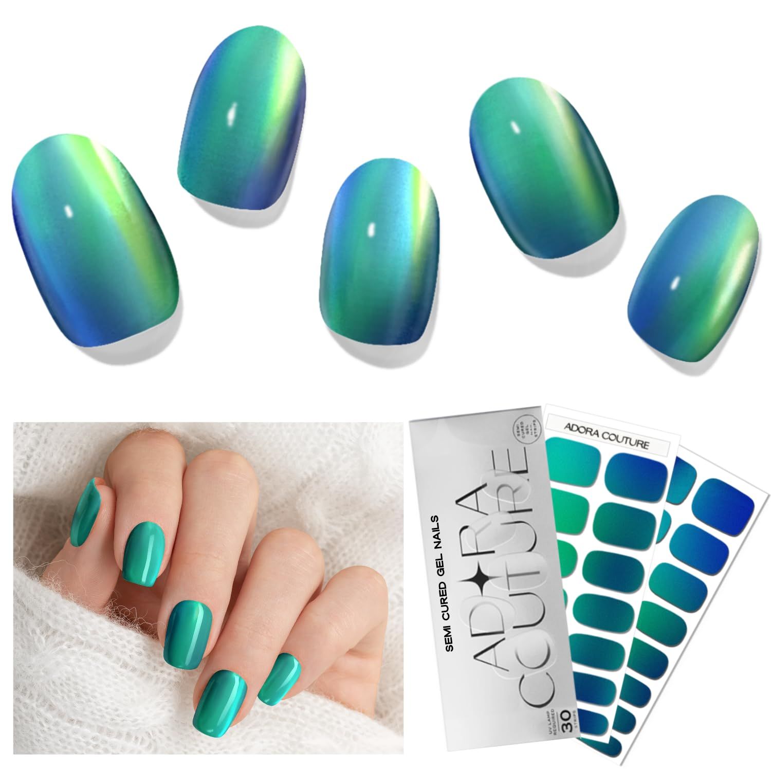 Adora Couture Semi Cured Gel Nail Strips with 30 Pieces, Salon Quality Nail Wraps for Women, DuoPine Green UV Gel Nail Stickers, UV Light Required, Duo Pine