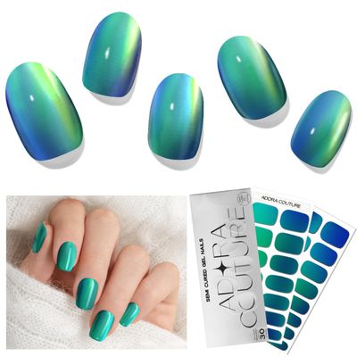 Adora Couture Semi Cured Gel Nail Strips with 30 Pieces, Salon Quality Nail Wraps for Women, DuoPine Green UV Gel Nail Stickers, UV Light Required, Duo Pine