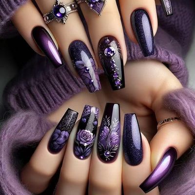 24 Pcs Press on Nails Long Square Nails Acrylic Gradient Purple Flower Design Black Purple French Tip Fake Nails Classic Glue Nails Full Cover Gel French False Nails for Artificial Women DIY Manicure