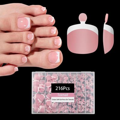 Pink Toe Nail Tips, Dsixnails 216pcs Short Toe Press on nails for Women, Square French Tip Press on Toenails, Soft Gel Toe Nail Tips, Soak Off Acrylic Full Cover Fake Toenails for Girl Gift