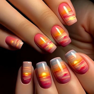 TBRZTR Sunset False Nails Press on Nails Medium Square Fake Nails Clouds Pattern Design Acrylic Nails Full Cover Stick on Nails Press Nails with Charm Acrylic Glossy Glue on Nails for Women 24Pcs