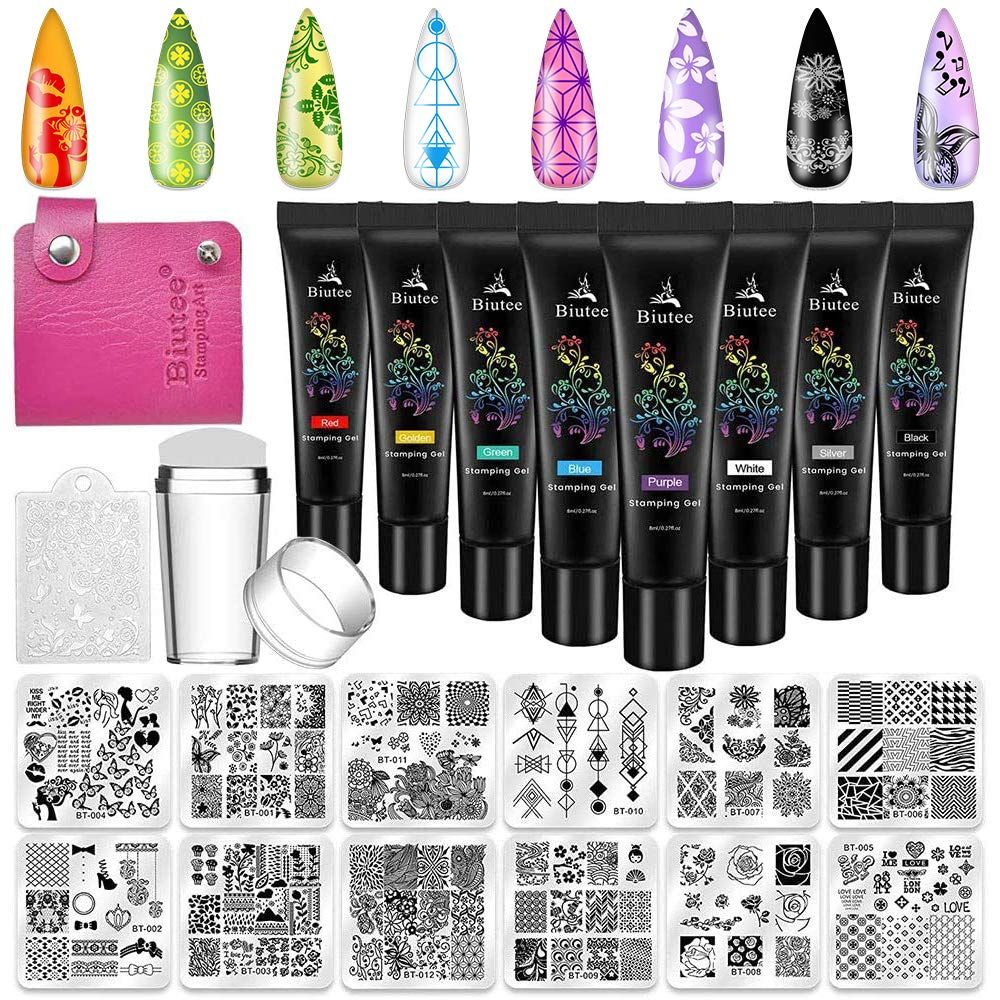Biutee Nail Stamping Plates Set - 12pcs Templates, 8 Colors, Stamper, Scraper, Storage Bag - Animal &amp; Flower Design Nail Art Plates