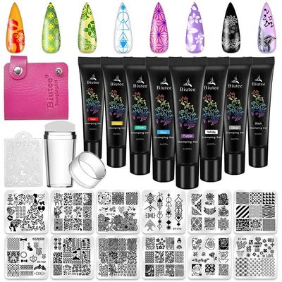 Biutee Nail Stamping Plates Set - 12pcs Templates, 8 Colors, Stamper, Scraper, Storage Bag - Animal &amp; Flower Design Nail Art Plates