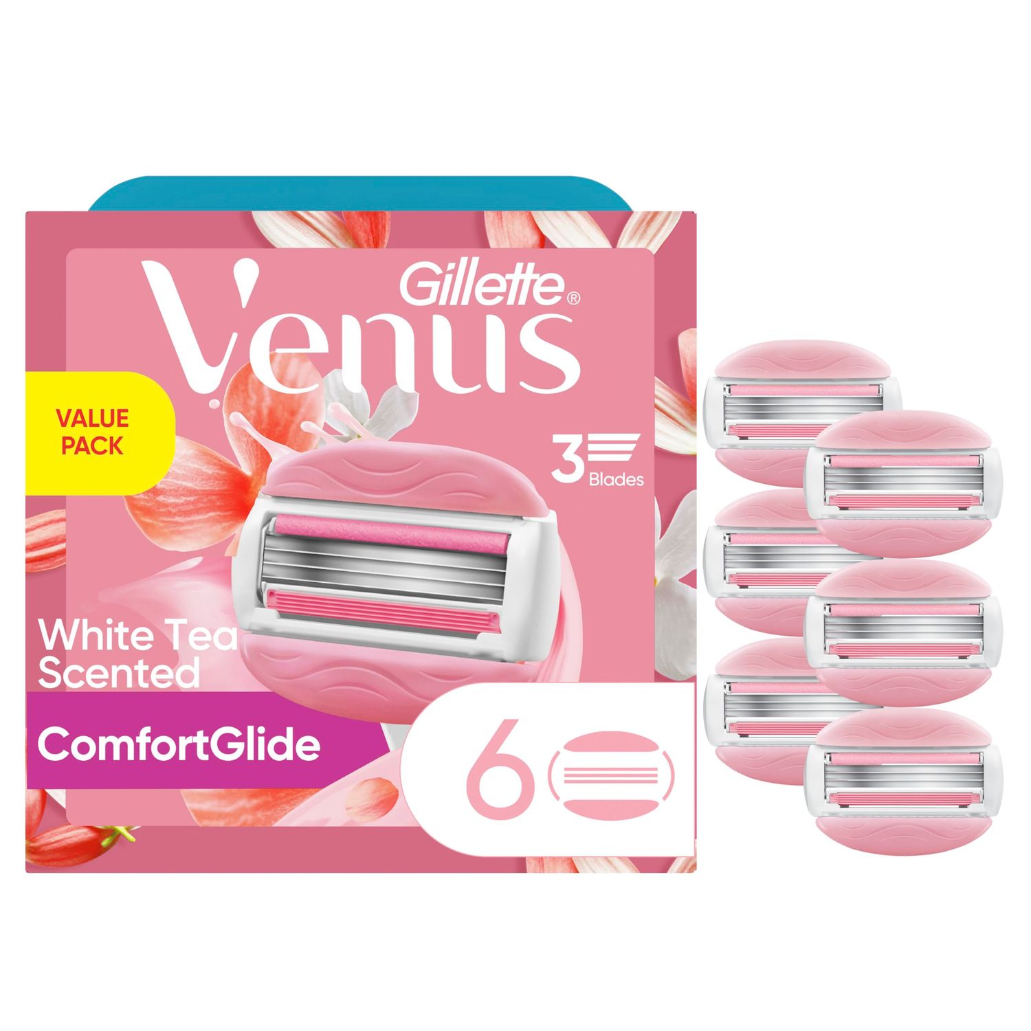 Gillette Venus ComfortGlide White Tea Womens Razor Blades, 3-Blade Razor Refills, 6 Count