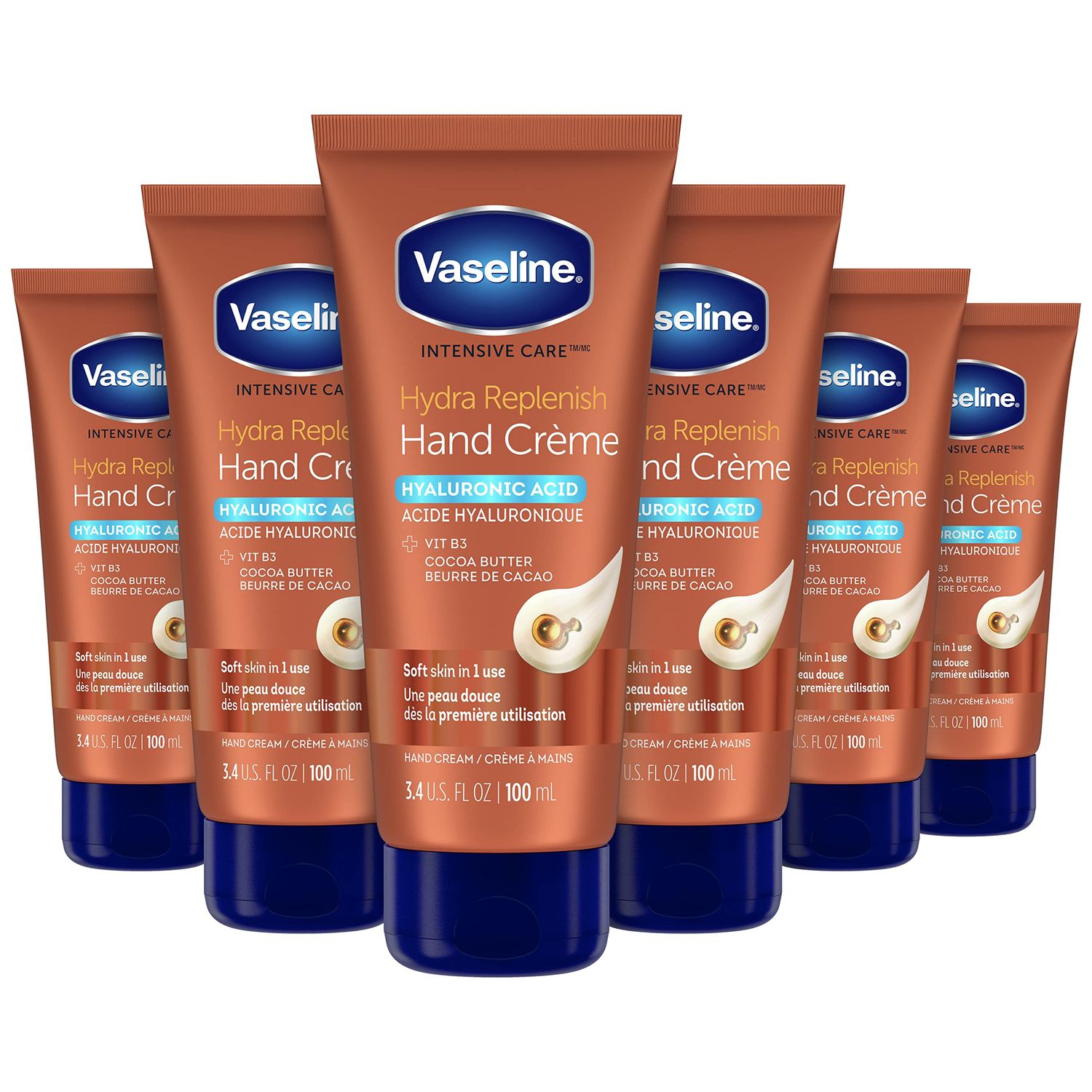 Vaseline Intensive Care Hand Crme Moisturizer for Dry Hands Hydra Replenish Made with hyaluronic acid, vitamin B3, and cocoa butter 3.4 oz 6 Count