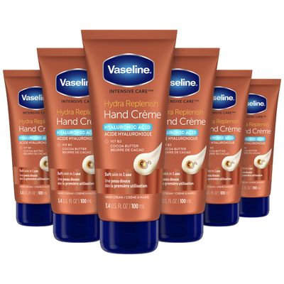 Vaseline Intensive Care Hand Crme Moisturizer for Dry Hands Hydra Replenish Made with hyaluronic acid, vitamin B3, and cocoa butter 3.4 oz 6 Count