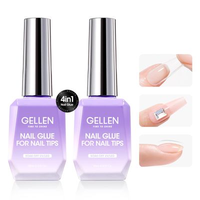 Gellen 2 Pcs Gel Nail Glue for Nail Tips, 4 in 1 UV Extension Glue for Acrylic Tips &amp; Clear Press on Nails &amp; False Nails, Base Gel, Rhinestone, U V Led Lamp Needed
