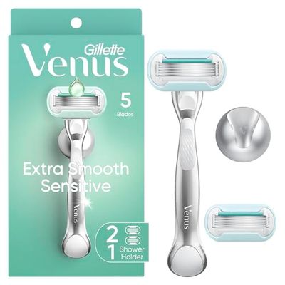 Gillette Venus Extra Smooth Sensitive Razor for Women, Includes 1 Reusable Razor Handle 2 Refills, for Sensitive Skin with Metal Handle and Shower Holder