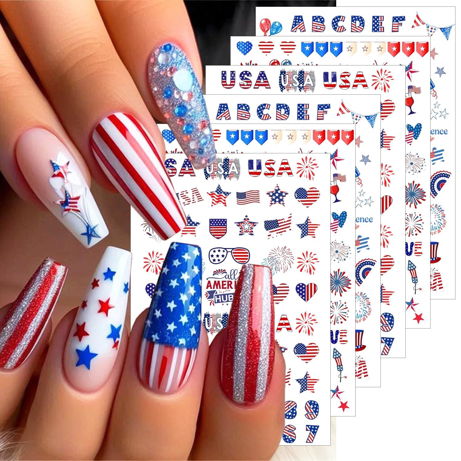 6 Sheets 4th of July Nail Stickers for Nail Art Independence Day Nail Decals 3D Self-Adhesive American Flag Letters Numbers Star Nail Supplies USA Patriotic Fireworks Nail Art Stickers for Women