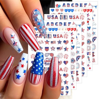 6 Sheets 4th of July Nail Stickers for Nail Art Independence Day Nail Decals 3D Self-Adhesive American Flag Letters Numbers Star Nail Supplies USA Patriotic Fireworks Nail Art Stickers for Women