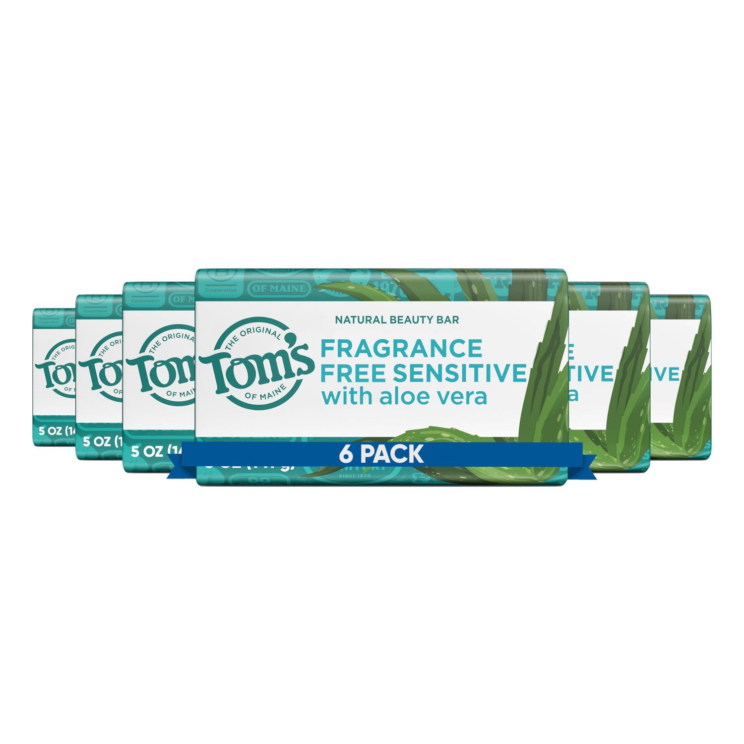 Toms of Maine Natural Beauty Bar Soap For Women and Men, Fragrance Free, Sensitive Skin, 5 oz Bar (Pack of 6)