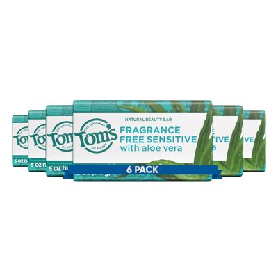 Toms of Maine Natural Beauty Bar Soap For Women and Men, Fragrance Free, Sensitive Skin, 5 oz Bar (Pack of 6)
