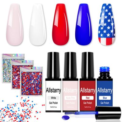 Allstarry Red White and Blue Gel Nail Polish, 4 Colors Fourth of July Nails Gel Polish with Red White Blue Star Glitter 4th of July Nails Gel Nail Polish Set Soak Off UV Lamp Cured Independence Day