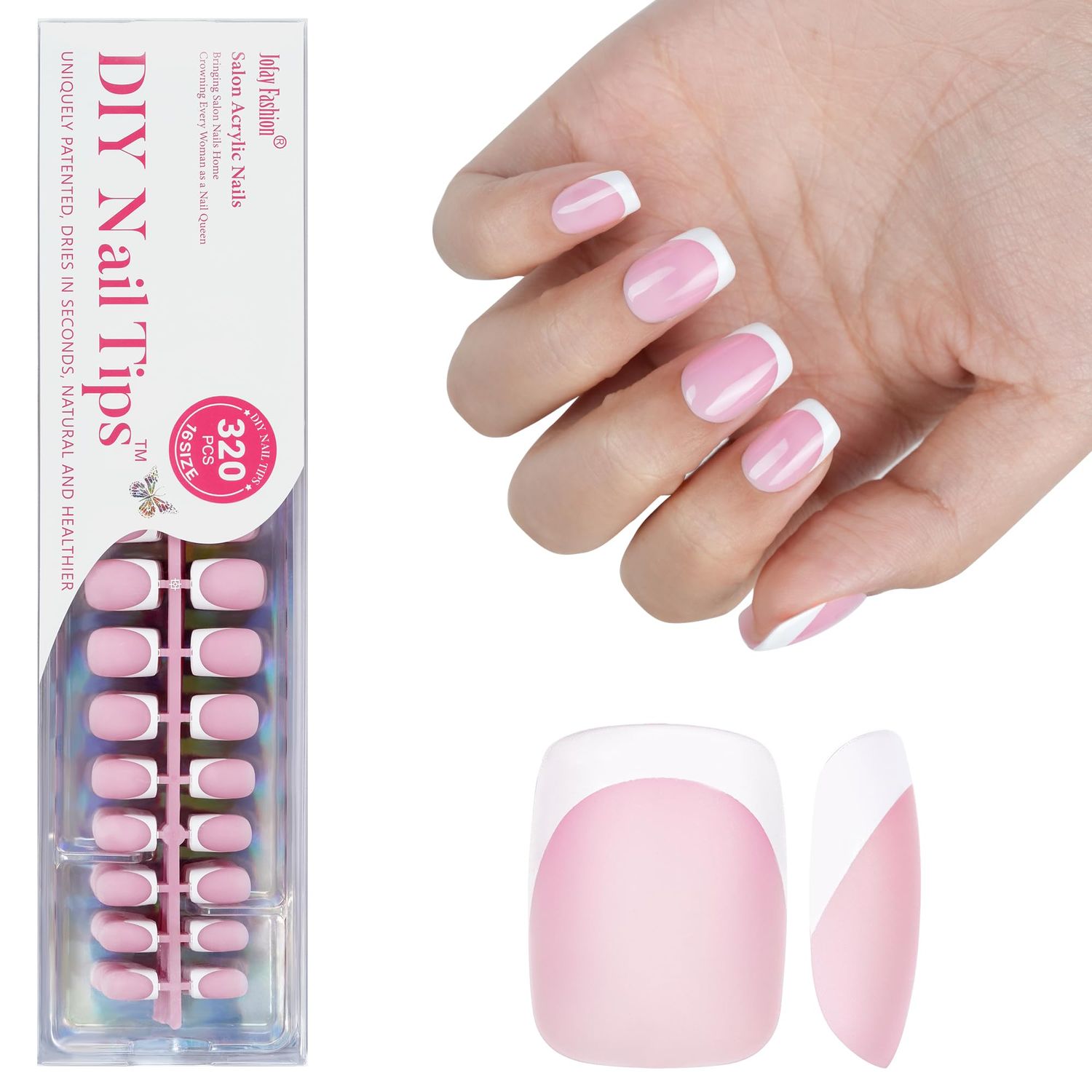 White French Tip, Jofay Fashion Press on Nails, 320Pcs Pink Short Square Nails, Pre-applied Tip Primer &amp; Base Coat, Salon Fake Nails, 16 Sizes