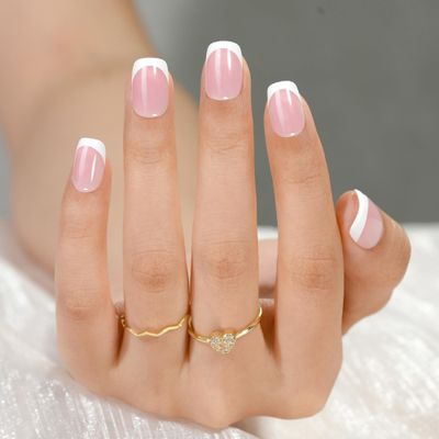 White French Tip, Jofay Fashion Press on Nails, 320Pcs Pink Short Square Nails, Pre-applied Tip Primer &amp; Base Coat, Salon Fake Nails, 16 Sizes